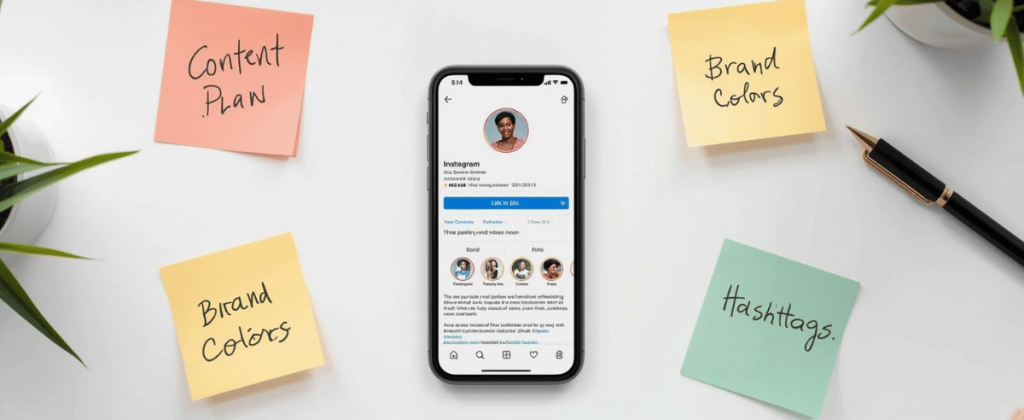 Close-up of a smartphone showing an Instagram business profile surrounded by sticky notes labeled content plan, brand colors, and hashtags — representing instagram business account set up.