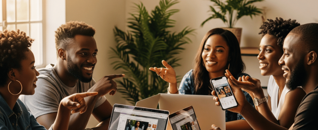 A group of Jamaican entrepreneurs sitting at a table with laptops and phones open to Instagram, discussing instagram business account set up.