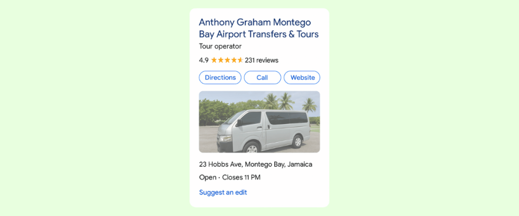 Google Business listing for Montego Bay airport transfer showing example of how to get more tour bookings