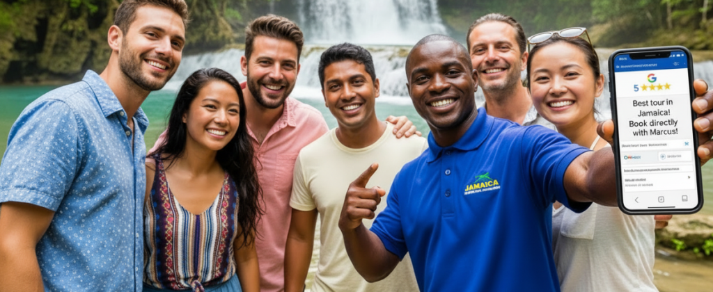 Smiling Jamaican tour guide and diverse group of tourists posing at Dunn’s River Falls, with one person holding a phone showing a 5-star Google review from a direct booking that helps tours rank higher on Google.