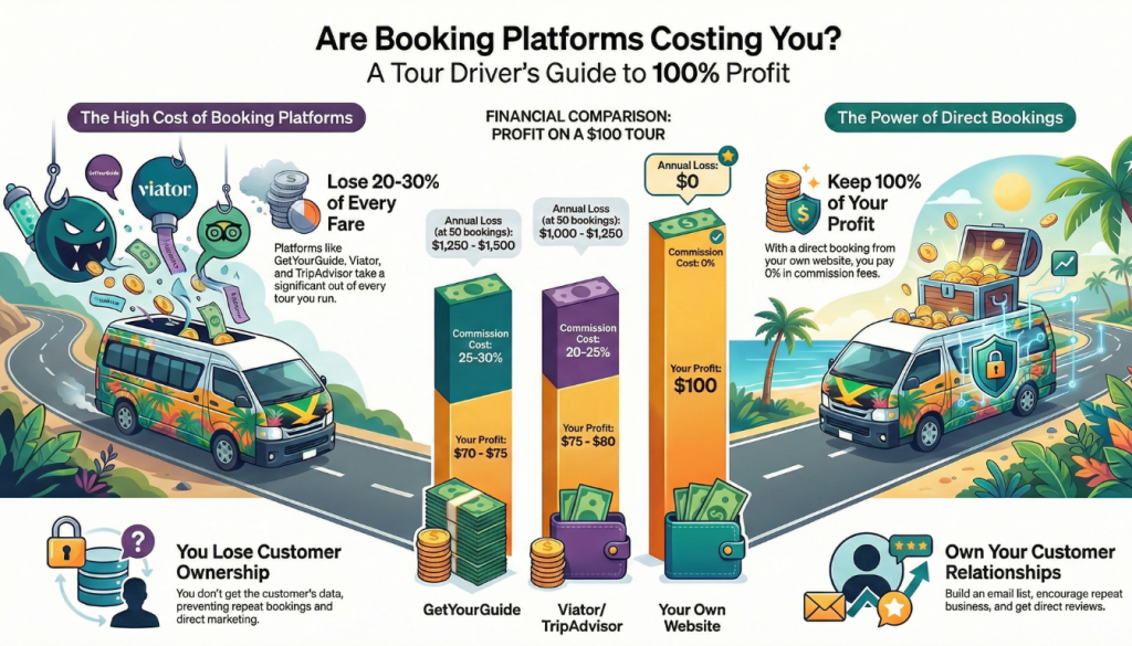Comparison of commission costs between third-party booking platforms and direct bookings via a Google Business Profile for Jamaica tour drivers.