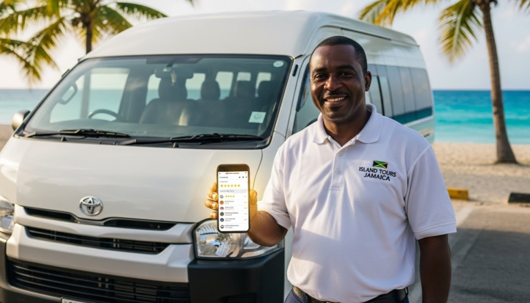 Jamaica tour driver holding phone reviews to rank higher on Google searches