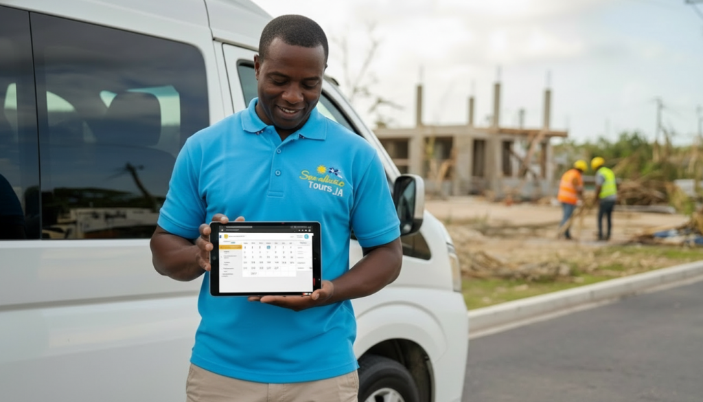 Professional Jamaica tour operator with vehicle at sunset, showcasing resilience in Hurricane Melissa tourism recovery.