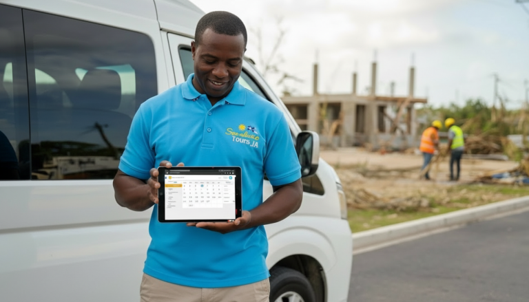 Professional Jamaica tour operator with vehicle at sunset, showcasing resilience in Hurricane Melissa tourism recovery.