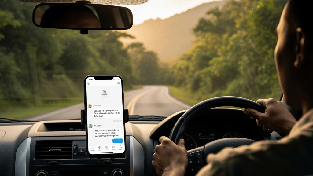 Digital resilience for tour operators — AI agent confirming a Blue Mountain tour booking on smartphone screen inside a moving vehicle
